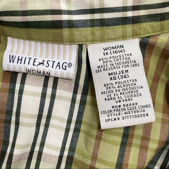 Avocado Green & White Plaid Button Up Top - size 1X - Picture 5 of 6